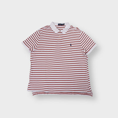 Ralph Lauren polo shirt in white, navy, and orange stripes with embroidered logo