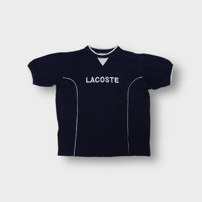 Lacoste T-Shirt in navy blue with white embroidered chest logo and contrast piping