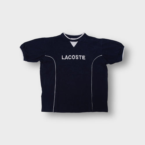 Lacoste T-Shirt in navy blue with white embroidered chest logo and contrast piping