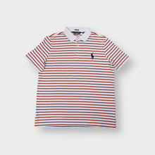 Load image into Gallery viewer, Ralph Lauren polo shirt in white with orange stripes and navy embroidered chest logo.
