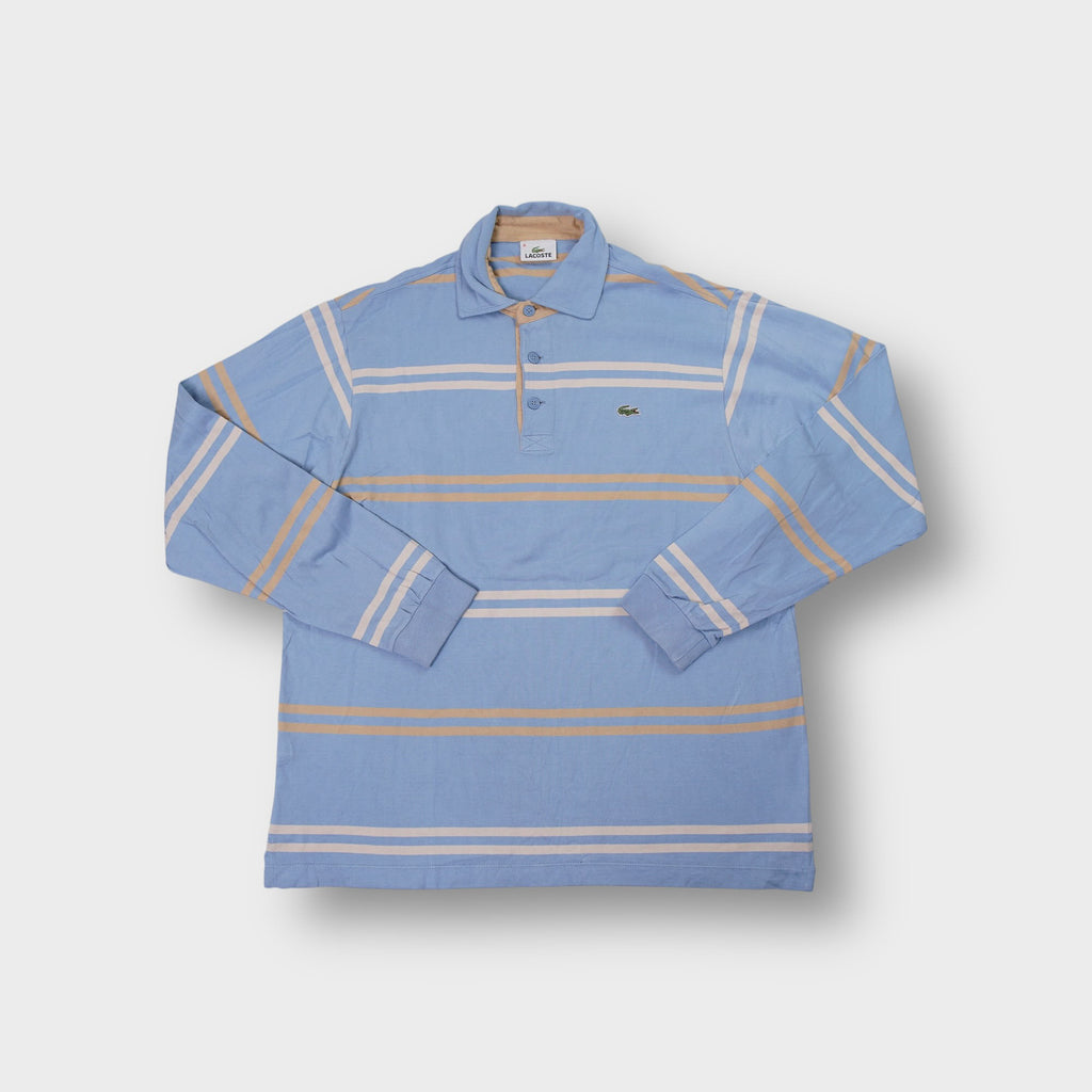 Lacoste long-sleeve polo shirt in light blue and beige with embroidered crocodile chest logo