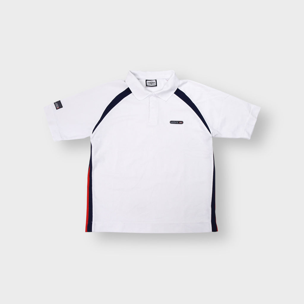 Umbro polo shirt in white with dark navy raglan style stripes and chest badge