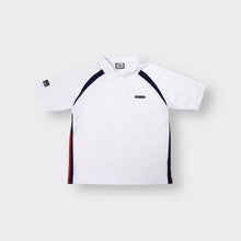 Load image into Gallery viewer, Umbro polo shirt in white with dark navy raglan style stripes and chest badge