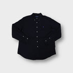 Black Ralph Lauren long-sleeve button-down shirt with a purple embroidered pony logo.