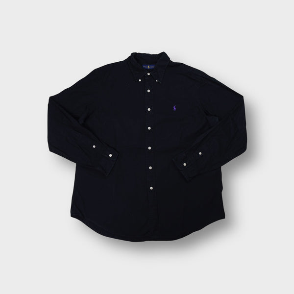 Black Ralph Lauren long-sleeve button-down shirt with a purple embroidered pony logo.