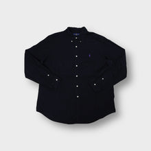 Load image into Gallery viewer, Black Ralph Lauren long-sleeve button-down shirt with a purple embroidered pony logo.