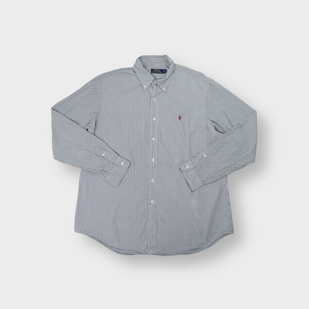 Ralph Lauren button-down shirt in green and white stripes with a red embroidered pony logo.
