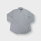 Ralph Lauren button-down shirt in green and white stripes with a red embroidered pony logo.