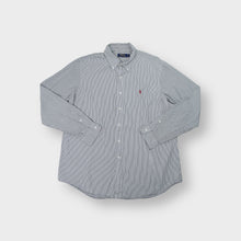 Load image into Gallery viewer, Ralph Lauren button-down shirt in green and white stripes with a red embroidered pony logo.