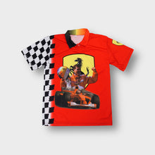 Load image into Gallery viewer, Ferrari red polo shirt with Michael Schumacher graphics and checkered flag sleeve.