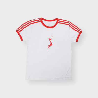 Adidas T-Shirt in white and red featuring shoulder stripes and a map of Japan chest print