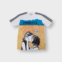 Load image into Gallery viewer, Adidas white T-Shirt featuring a pop-art kissing couple graphic with three stripes