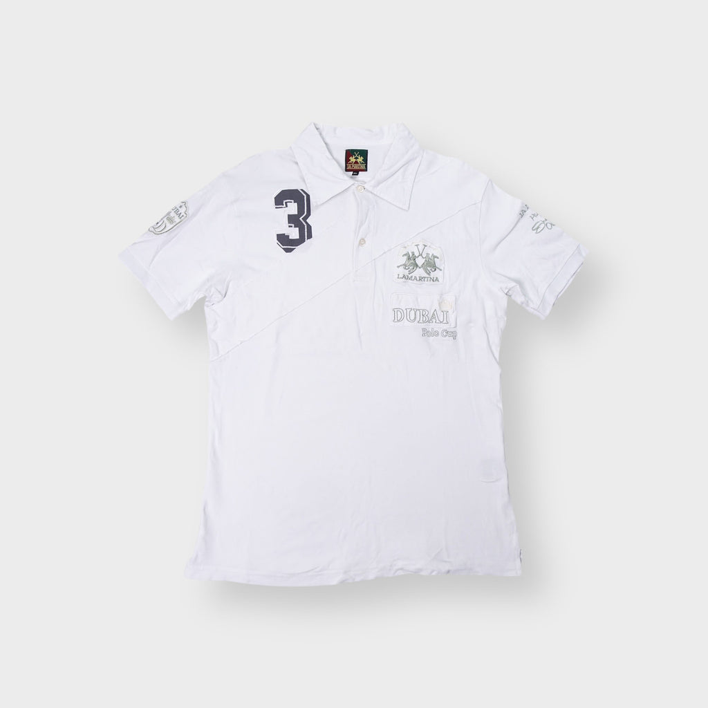 La Martina white polo shirt with Dubai Polo Cup embroidery and number 3 chest applique