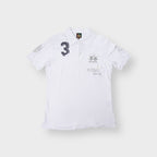 La Martina white polo shirt with Dubai Polo Cup embroidery and number 3 chest applique