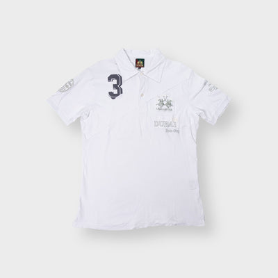 La Martina white polo shirt with Dubai Polo Cup embroidery and number 3 chest applique
