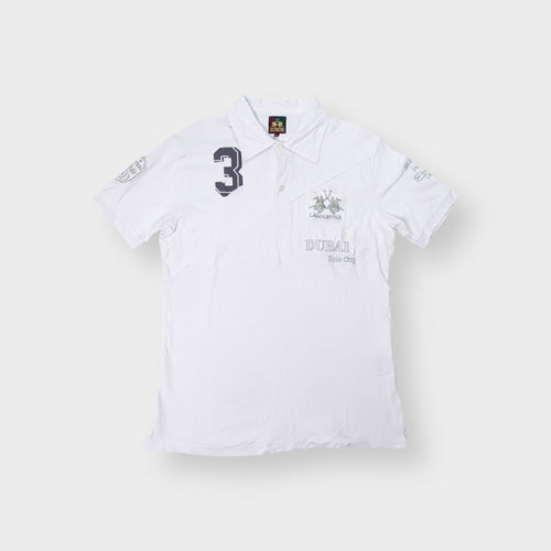 La Martina white polo shirt with Dubai Polo Cup embroidery and number 3 chest applique