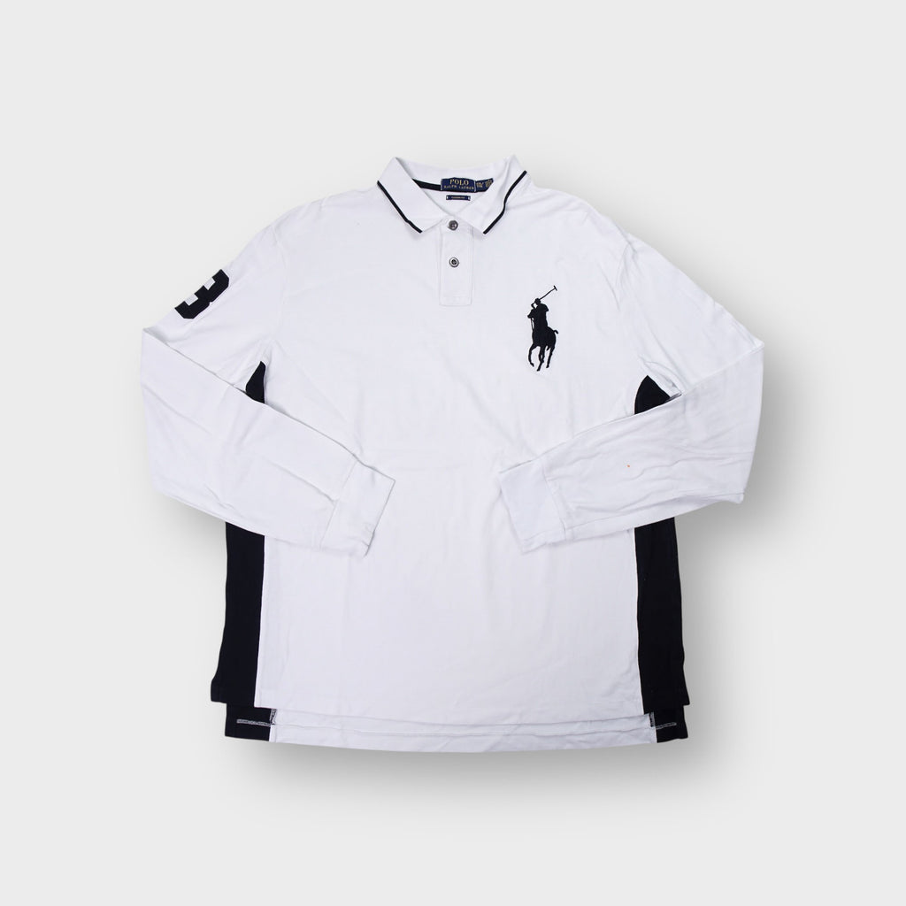 Ralph Lauren long-sleeve polo shirt in white with oversized navy Big Pony embroidery.