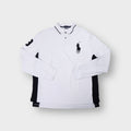 Ralph Lauren long-sleeve polo shirt in white with oversized navy Big Pony embroidery.
