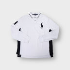 Ralph Lauren long-sleeve polo shirt in white with oversized navy Big Pony embroidery.