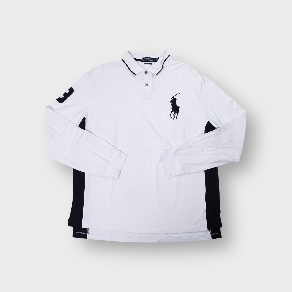 Ralph Lauren long-sleeve polo shirt in white with oversized navy Big Pony embroidery.