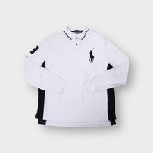 Load image into Gallery viewer, Ralph Lauren long-sleeve polo shirt in white with oversized navy Big Pony embroidery.