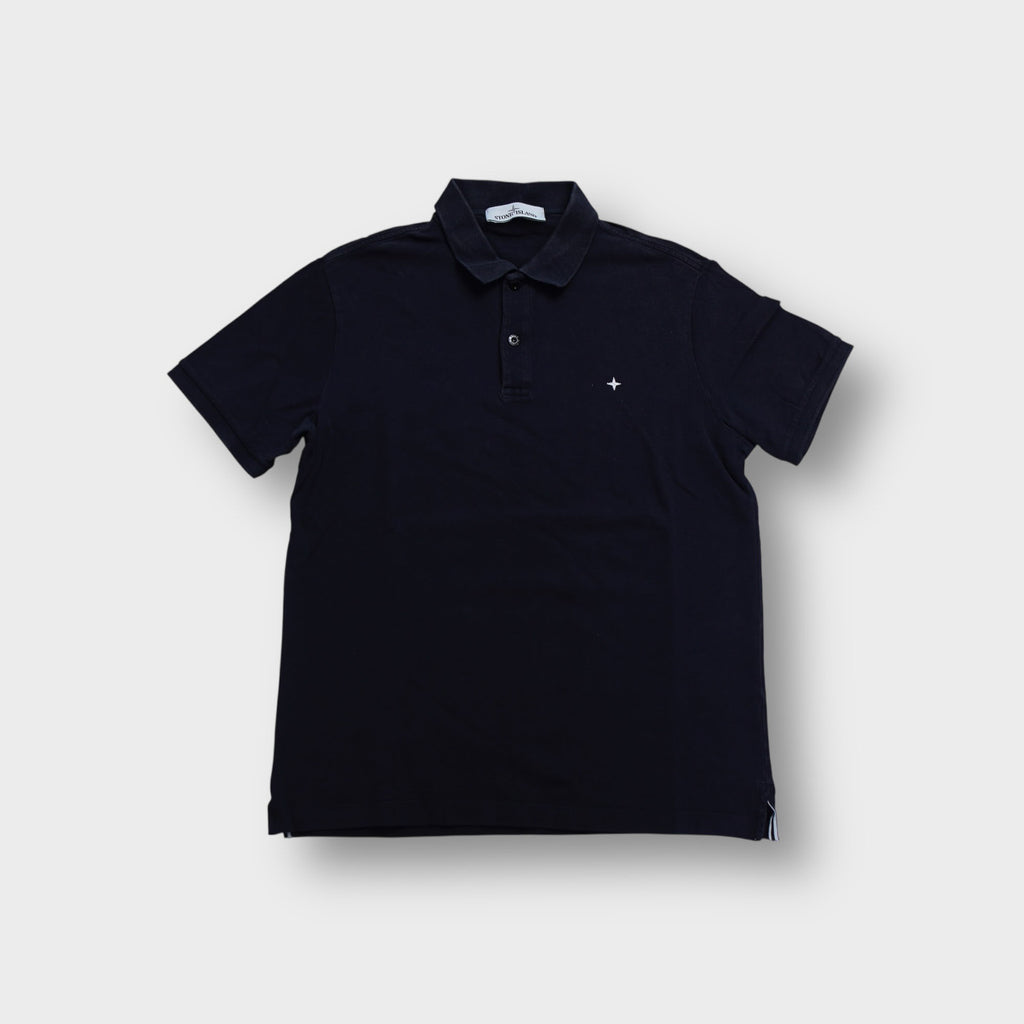 Navy Stone Island polo shirt with small white compass logo embroidered on chest