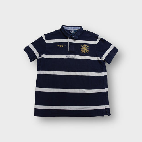 Ralph Lauren rugby polo shirt in navy and white with gold embroidered chest crest