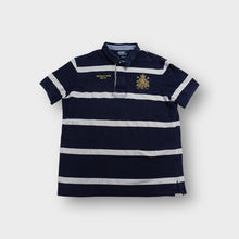 Load image into Gallery viewer, Ralph Lauren rugby polo shirt in navy and white with gold embroidered chest crest