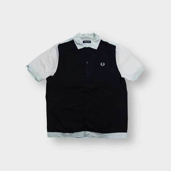 Fred Perry black and white button-up shirt with an embroidered chest logo