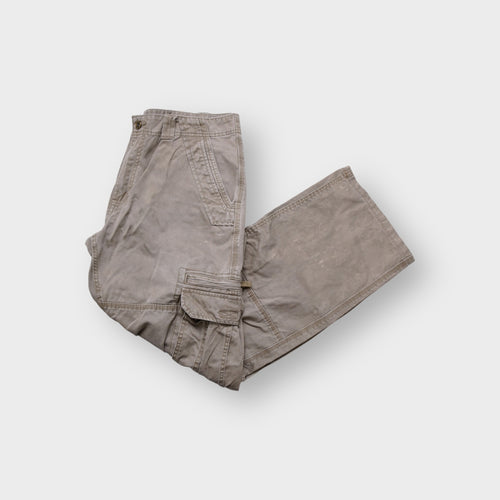 Caterpillar khaki tan cargo pants with side utility flap pockets and front embroidery