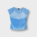 Nike shirt in blue with light blue gradient lines and embroidered swoosh logo