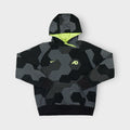 Nike grey pullover hoodie featuring a geometric pattern and neon yellow hood lining