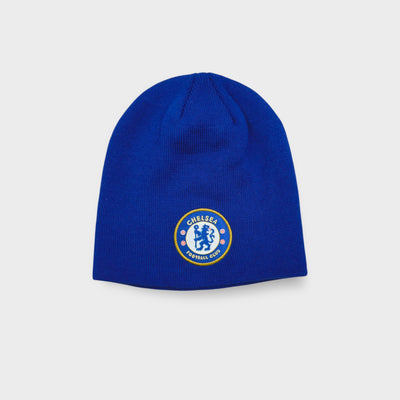 Blue Chelsea FC knit beanie featuring an embroidered circular club crest patch