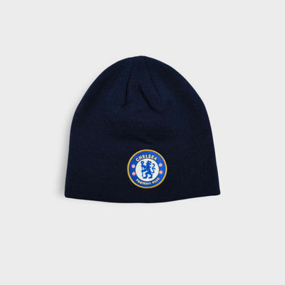 Chelsea FC beanie in navy blue featuring an embroidered crest patch on the front
