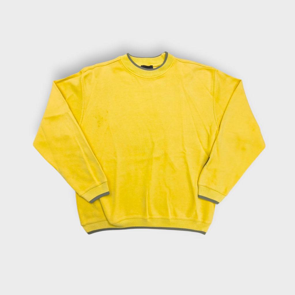 Carlo Colucci sweater in yellow knit with grey trimmed ribbed collar and cuffs