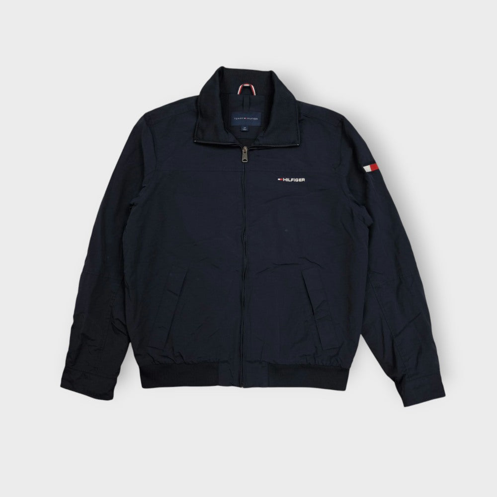 Tommy Hilfiger zip jacket in navy blue with embroidered chest logo and sleeve flag patch