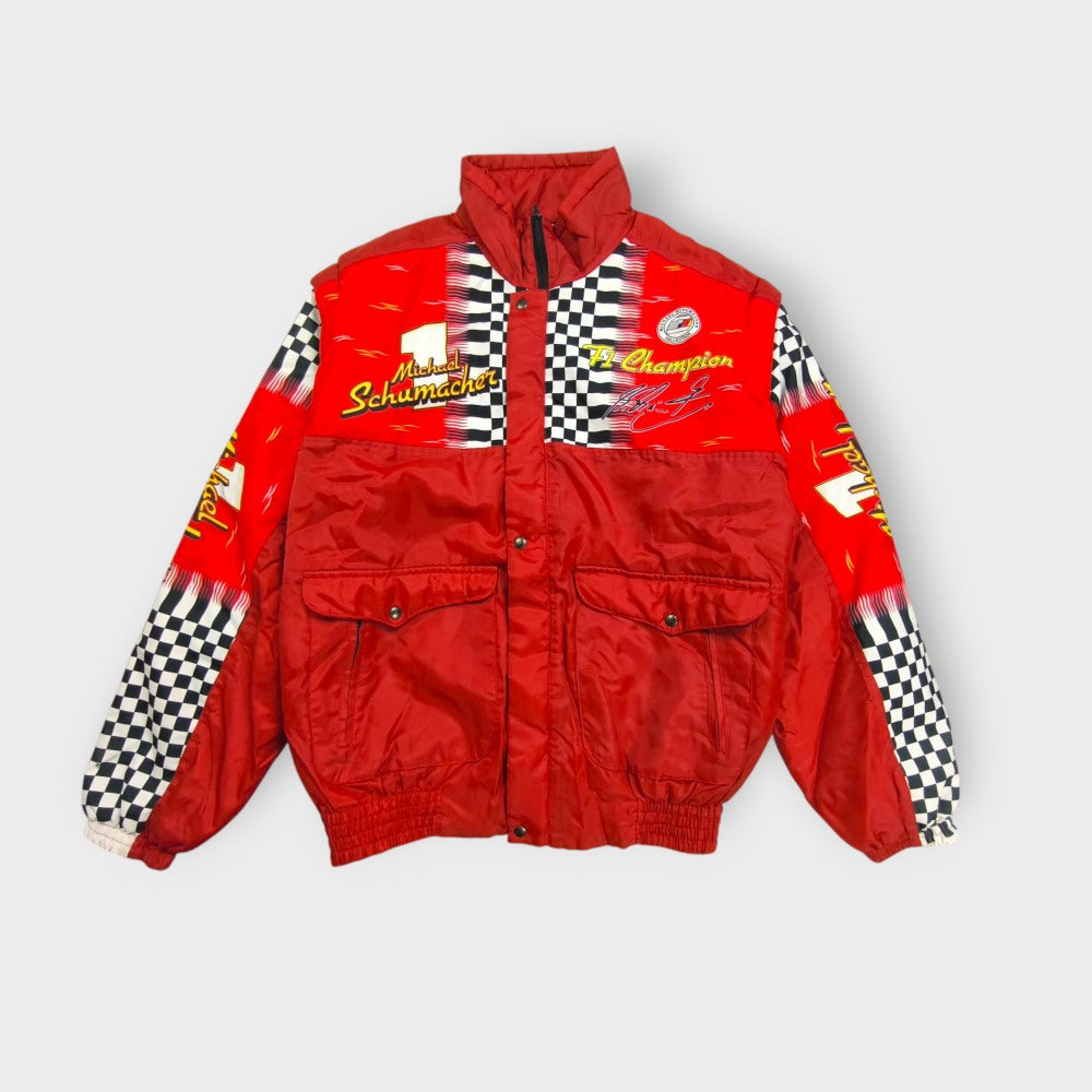 Michael Schumacher racing jacket in red with checkered pattern and F1 graphics.