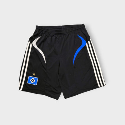 Black Adidas shorts with white side stripes and embroidered Hamburger SV crest.