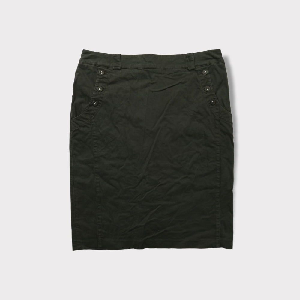 C.P. Company dark grey skirt featuring buttoned pocket details and lace-up back slit