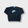 Nike sweater in navy blue with a large light blue embroidered swoosh on the chest