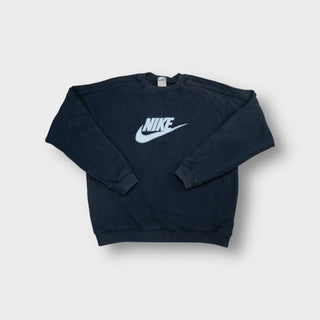 Nike sweater in navy blue with a large light blue embroidered swoosh on the chest