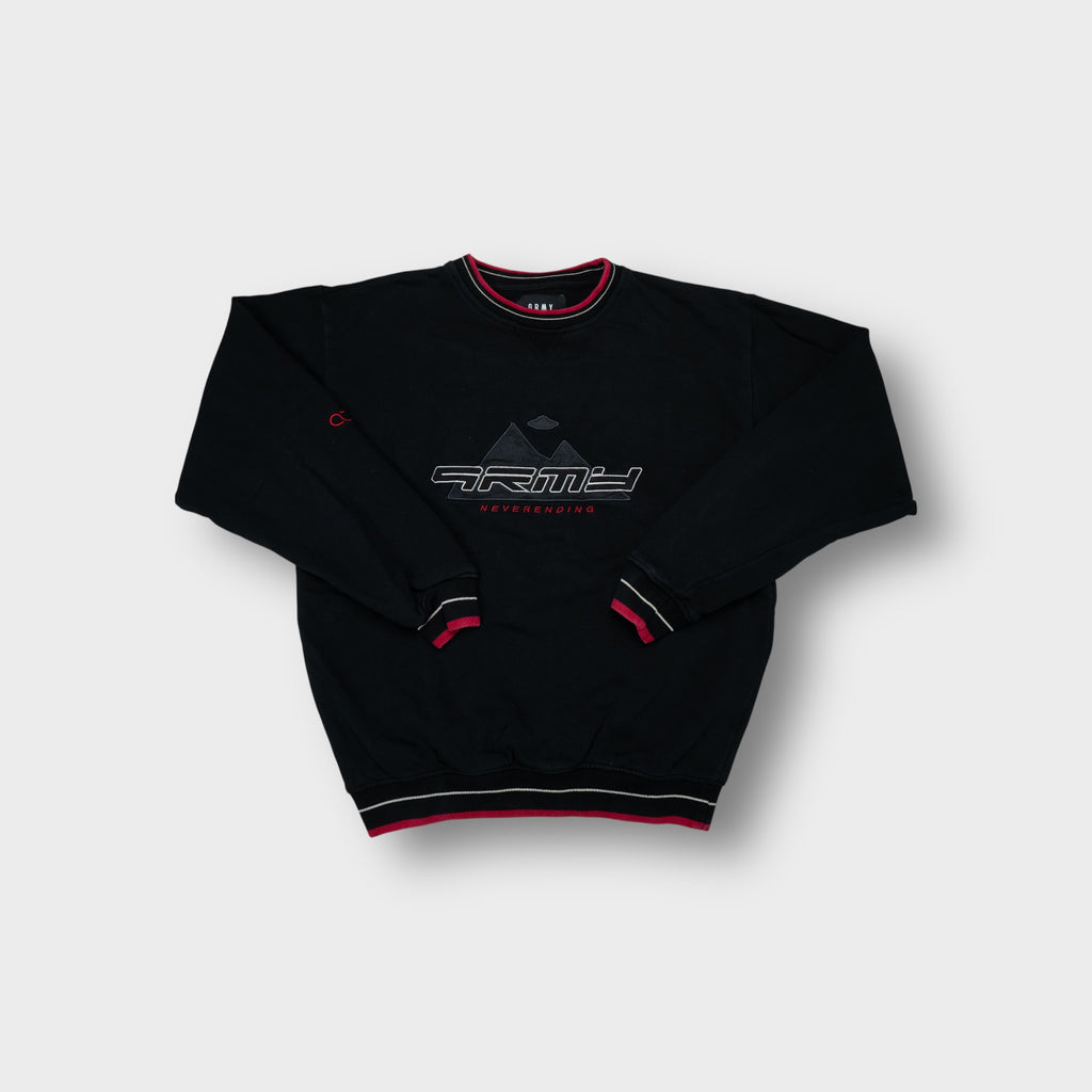 GRMY black sweater with embroidered chest graphic and red contrast collar trim