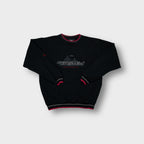GRMY black sweater with embroidered chest graphic and red contrast collar trim