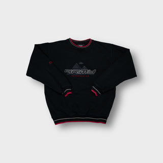 GRMY black sweater with embroidered chest graphic and red contrast collar trim