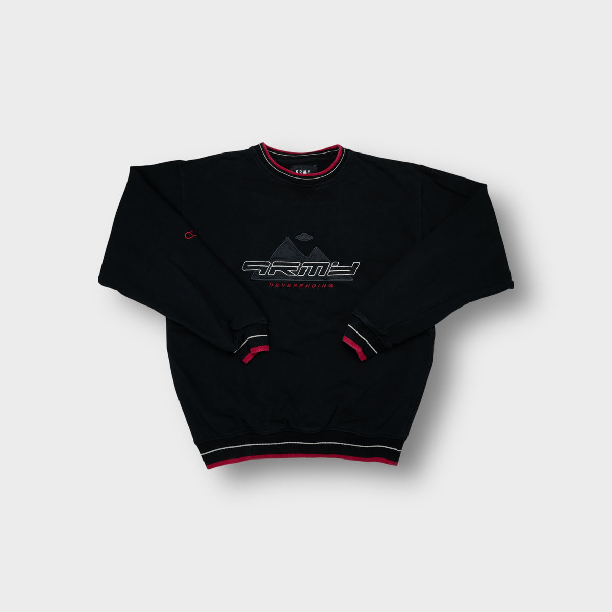 GRMY black sweater with embroidered chest graphic and red contrast collar trim