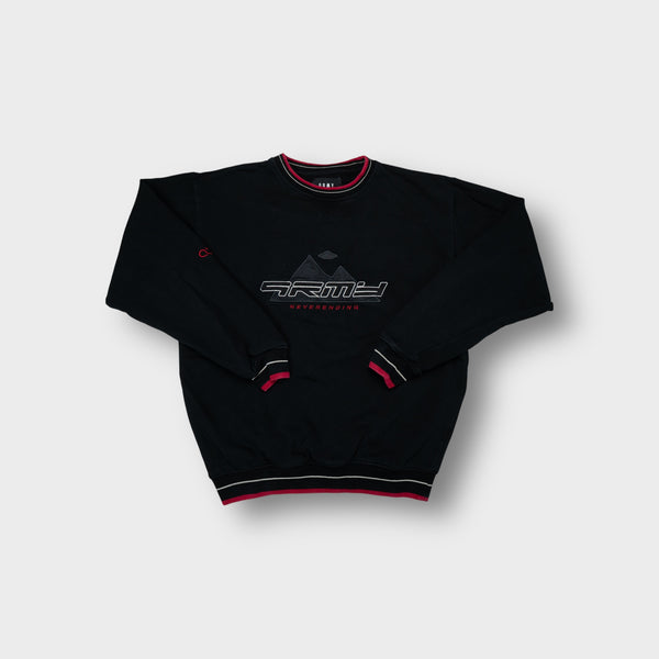 GRMY black sweater with embroidered chest graphic and red contrast collar trim