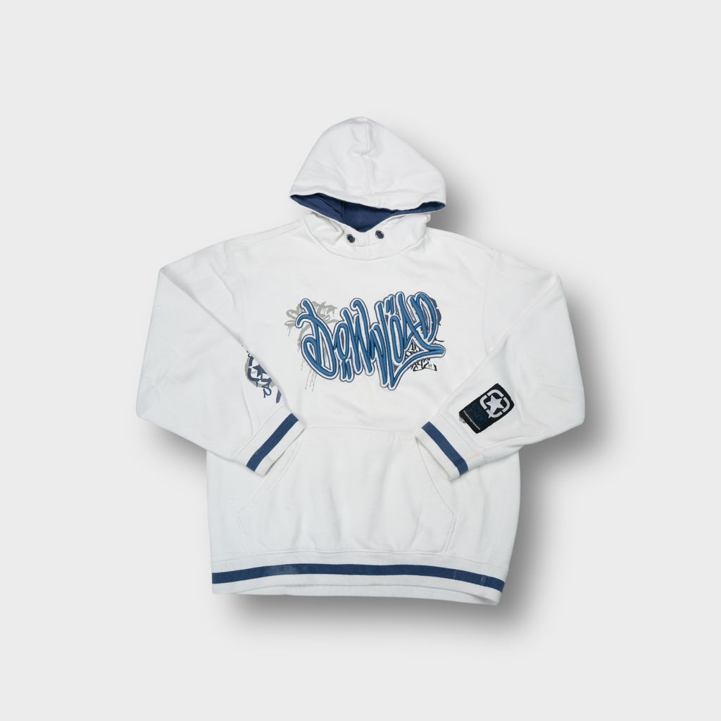Here + There white hoodie featuring raised blue embroidered graffiti text across chest