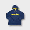 Psycho Cowboy hoodie in blue featuring yellow psycho chest print