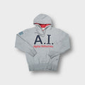 Grey Alpha Industries hoodie with navy stitched A.I. Appliqué and red embroidered text