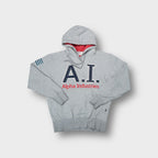 Grey Alpha Industries hoodie with navy stitched A.I. Appliqué and red embroidered text